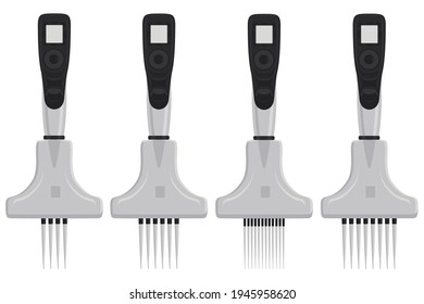 Ilustración sobre el tema gran kit de pipeta médica diferente, cuentagotas para laboratorio. Tapón de patrón compuesto por muchas pipetas médicas de laboratorio en el fondo. Pipeta médica que gotea del laboratorio