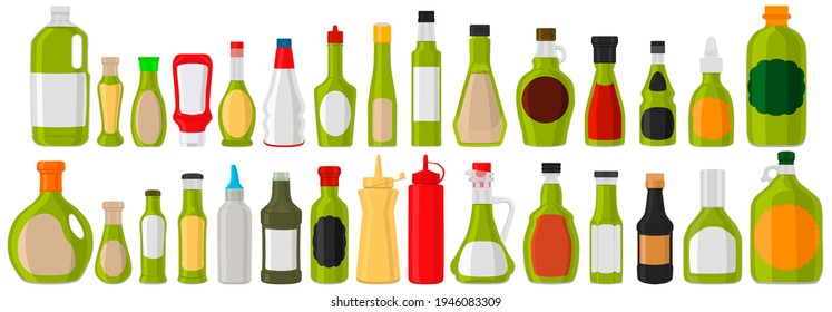 Illustration on theme big kit varied glass bottles filled thick sauce wasabi. Bottles consisting from sauce wasabi, empty labels for titles. Sauce wasabi in full bottles with plastic cork to fast meal