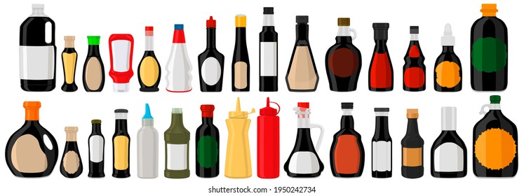 Illustration on theme big kit varied glass bottles filled liquid balsamic vinegar. Bottles consisting from balsamic vinegar, empty labels for titles. Vinegar balsamic in full bottles with plastic cork