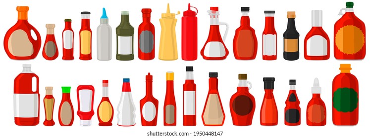 Illustration on theme big kit varied glass bottles filled liquid sauce chili. Bottles consisting from sauce chili, empty labels for titles. Sauce chili in full bottles with plastic cork to fast meal.