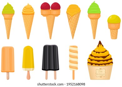 Illustration on theme big kit icecream sorbet different types in cone waffle cup. Icecream consisting of tasty milk sorbet on cone waffle cup. Sorbet to cone waffle cup, sweet natural dessert icecream