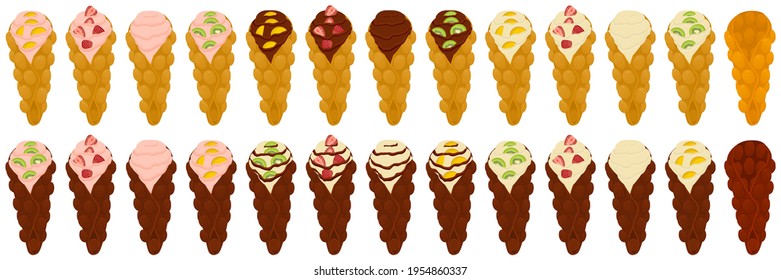 Illustration on theme big kit different types cone waffle with bubbles for dessert biscuit. Waffle consisting of tasty cone shaped biscuit in bubbles. Cone waffle from bubbles it natural sweet biscuit