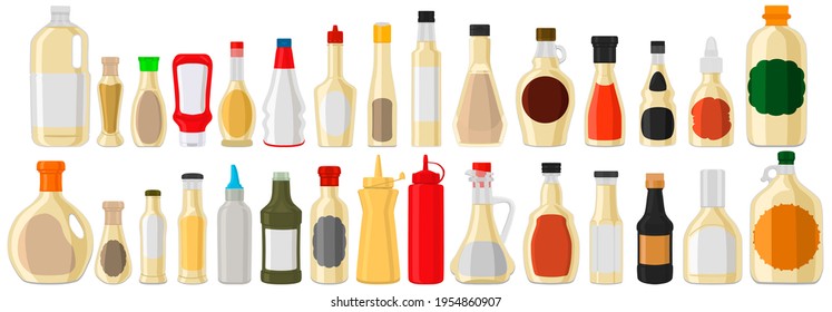 Illustration on theme big kit varied glass bottles filled liquid sauce tartar. Bottles consisting from sauce tartar, empty labels for titles. Sauce tartar in full bottles with plastic cork to meal.