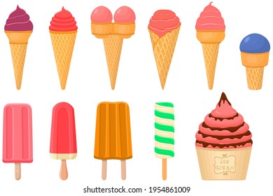 Illustration on theme big kit icecream sorbet different types in cone waffle cup. Icecream consisting of tasty milk sorbet on cone waffle cup. Sorbet to cone waffle cup, sweet natural dessert icecream