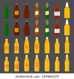 Illustration on theme big kit beer glass bottles with lid for brewery. Pattern beer consisting of many identical glass bottles on dark background. Glass bottles it main accessory for beer gourmet.