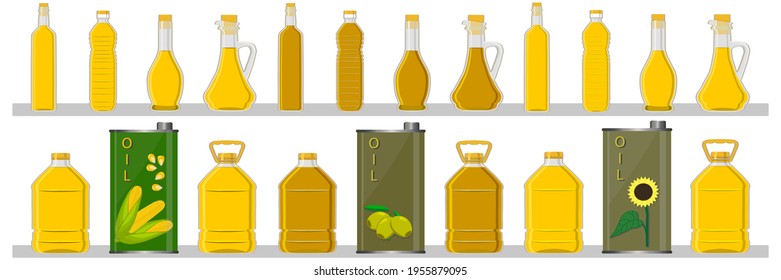 Illustration on theme big kit oil in different glass bottles for cooking food, glass bottles consisting of fresh useful oil to cooking nutrition, oil from transparent glass bottles for cooking eating