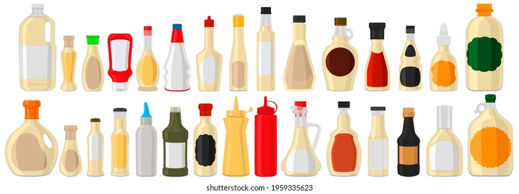 Illustration on theme big kit varied glass bottles filled thick sauce mayonnaise. Bottles consisting from sauce mayonnaise, empty labels for titles. Sauce mayonnaise in full bottles with plastic cork.