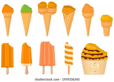 Illustration on theme big kit ice cream popsicle different types in cone waffle cup. Ice cream consisting of tasty popsicle on cone waffle cup. Popsicle to cone waffle cup, natural dessert ice cream.