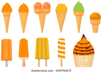 Illustration on theme big kit icecream sorbet different types in cone waffle cup. Icecream consisting of tasty milk sorbet on cone waffle cup. Sorbet to cone waffle cup, sweet natural dessert icecream