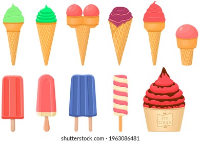 Illustration on theme big kit icecream sorbet different types in cone waffle cup. Icecream consisting of tasty milk sorbet on cone waffle cup. Sorbet to cone waffle cup, sweet natural dessert icecream