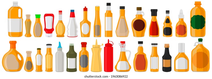 Ilustración sobre el tema gran kit de vidrio variado botellas de vinagre de manzana líquido rellenas. Botellas de vinagre de manzana, etiquetas vacías para títulos. manzana de vinagre en botellas completas con corcho de plástico para la comida.