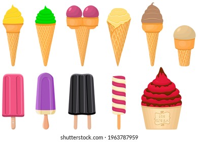 Illustration on theme big kit icecream sorbet different types in cone waffle cup. Icecream consisting of tasty milk sorbet on cone waffle cup. Sorbet to cone waffle cup, sweet natural dessert icecream