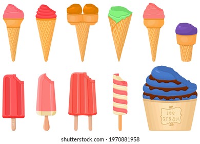 Illustration on theme big kit ice cream popsicle different types in cone waffle cup. Ice cream consisting of tasty popsicle on cone waffle cup. Popsicle to cone waffle cup, natural dessert ice cream.