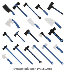 Illustration on theme big kit steel axes with wooden handle, metal ax for hunting. Pattern ax consisting of many different axes on white background. Forged axes it main accessory male, ax for survival