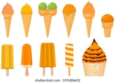 Illustration on theme big kit icecream sorbet different types in cone waffle cup. Icecream consisting of tasty milk sorbet on cone waffle cup. Sorbet to cone waffle cup, sweet natural dessert icecream