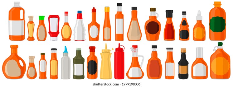 Illustration on theme big kit varied glass bottles filled liquid caramel syrup. Bottles consisting from caramel syrup, empty labels for titles. Сaramel syrup in bottles with plastic cork to fast meal.