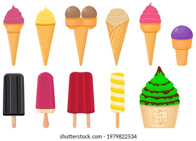 Illustration on theme big kit icecream sorbet different types in cone waffle cup. Icecream consisting of tasty milk sorbet on cone waffle cup. Sorbet to cone waffle cup, sweet natural dessert icecream
