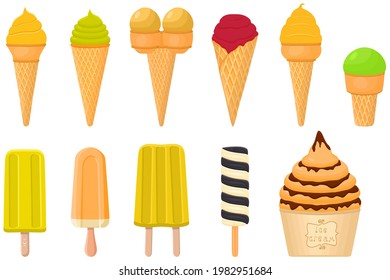 Illustration on theme big kit icecream sorbet different types in cone waffle cup. Icecream consisting of tasty milk sorbet on cone waffle cup. Sorbet to cone waffle cup, sweet natural dessert icecream