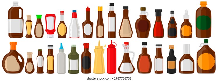 Illustration on theme big kit varied glass bottles filled liquid chocolate syrup. Bottles consisting from chocolate syrup, empty labels for titles. Сhocolate syrup in bottles with plastic cork to meal