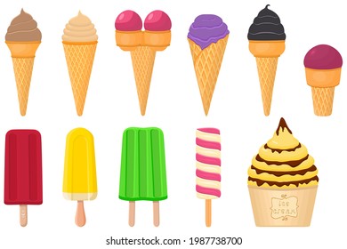 Illustration on theme big kit icecream sorbet different types in cone waffle cup. Icecream consisting of tasty milk sorbet on cone waffle cup. Sorbet to cone waffle cup, sweet natural dessert icecream