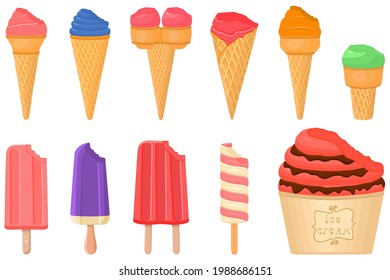 Illustration on theme big kit ice cream popsicle different types in cone waffle cup. Ice cream consisting of tasty popsicle on cone waffle cup. Popsicle to cone waffle cup, natural dessert ice cream.