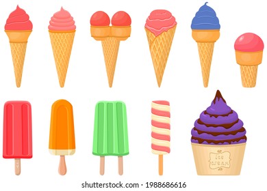 Illustration on theme big kit icecream sorbet different types in cone waffle cup. Icecream consisting of tasty milk sorbet on cone waffle cup. Sorbet to cone waffle cup, sweet natural dessert icecream