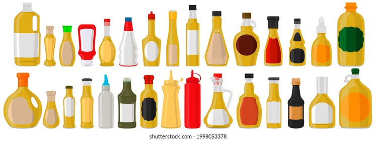 Ilustración sobre el tema gran kit de vidrio variado botellas llenas de salsa líquida curry. Botellas consistentes en salsa de curry, etiquetas vacías para títulos. Salsa curry en botellas completas con corcho de plástico para comer rápido.