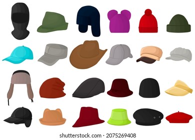 Illustration on theme big kit different types hats, beautiful caps in white background. Caps pattern consisting of collection various hats for wearing on head. Hats diverse design, caps for weather.