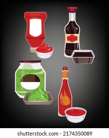 Illustration on theme big kit varied glass bottles filled liquid sauce chili. Bottles consisting from sauce  empty labels for titles. Sauce  in full bottles with plastic cork to fast meal soy sauce 