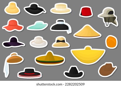 Illustration on theme big kit different types hats, beautiful caps in white background, caps pattern consisting of collection various hats for wearing on head, hats diverse design, caps for weather