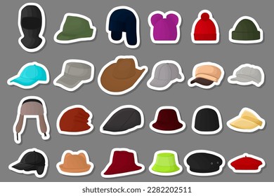 Illustration on theme big kit different types hats, beautiful caps in white background, caps pattern consisting of collection various hats for wearing on head, hats diverse design, caps for weather