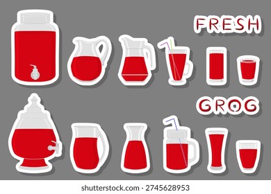 Illustration on theme big kit different types glassware, grog in jugs various size, glassware consisting of organic plastic jugs for fluid grog, jugs of grog is glassware standing on wooden table