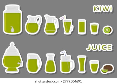 Illustration on theme big kit different types glassware, kiwi jugs various size, glassware consisting of organic plastic jugs for fluid kiwi, jugs of bright kiwi it glassware standing on wooden table