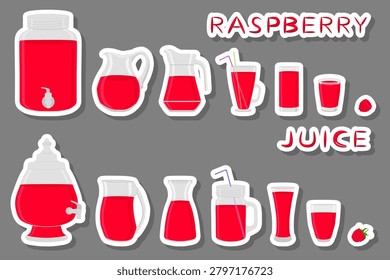 Illustration on theme big kit different types glassware, raspberry jugs various size, glassware consisting of organic plastic jugs for fluid raspberry, jugs of raspberry it glassware on wooden table