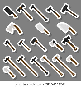 Illustration on theme big kit steel axes with wooden handle, metal ax for hunting, pattern ax consisting of many different axes on grey background, forged axes it main accessory male, ax for survival