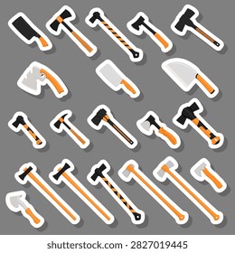 Illustration on theme big kit steel axes with wooden handle, metal ax for hunting, pattern ax consisting of many different axes on grey background, forged axes it main accessory male, ax for survival