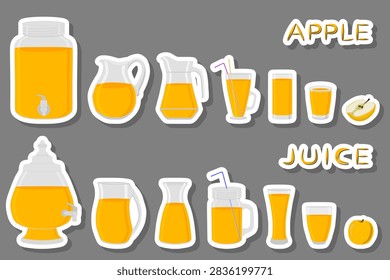 Illustration on theme big kit different types glassware, apple jugs various size, glassware consisting of organic plastic jugs for fluid apple, jugs of apple is glassware standing on wooden table