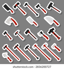 Illustration on theme big kit steel axes with wooden handle, metal ax for hunting, pattern ax consisting of many different axes on grey background, forged axes it main accessory male, ax for survival