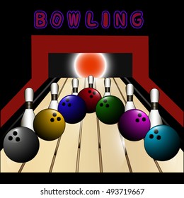 Illustration on theme big kit skittles sport accessories, ball for bowling. Sport consisting of collection skittles to game bowling, good ball. Ball and skittles it sport equipment from bowling.