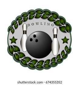 Illustration on theme big kit skittles sport accessories, ball for bowling. Sport consisting of collection skittles to game bowling, good ball. Ball and skittles it sport equipment from bowling.