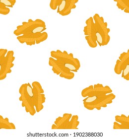 Illustration on theme big pattern identical types walnut, nut equal size. Walnut pattern consisting of natural nut for colored print on wallpaper. Abstract colorful pattern from many yummy nut walnut.