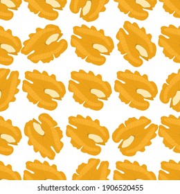 Illustration on theme big pattern identical types walnut, nut equal size. Walnut pattern consisting of natural nut for colored print on wallpaper. Abstract colorful pattern from many yummy nut walnut.