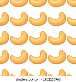 Illustration on theme big pattern identical types cashew, nut equal size. Cashew pattern consisting of natural nut for colored print on wallpaper. Abstract colorful pattern from many yummy nut cashew.