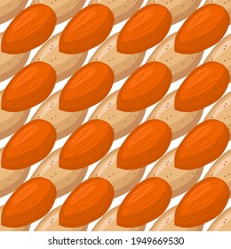 Illustration on theme big pattern identical types almond, nut equal size. Almond pattern consisting of natural nut for colored print on wallpaper. Abstract colorful pattern from many yummy nut almond.