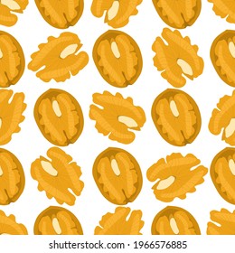 Illustration on theme big pattern identical types walnut, nut equal size. Walnut pattern consisting of natural nut for colored print on wallpaper. Abstract colorful pattern from many yummy nut walnut.