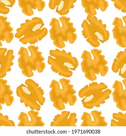Illustration on theme big pattern identical types walnut, nut equal size. Walnut pattern consisting of natural nut for colored print on wallpaper. Abstract colorful pattern from many yummy nut walnut.