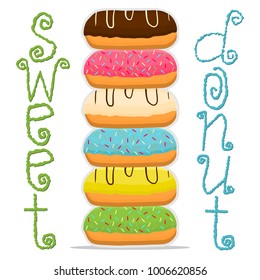Illustration on theme big set different types sticky donuts, sweet doughnuts various size, donut pattern consisting of collection organic doughnuts from sticky pastry, sticky donuts is yummy doughnuts