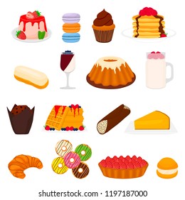 Illustration on theme big set different types sugary croissant, muffin various size. Croissant pattern consisting of collection meal muffin for organic food. Menu berry muffin this yummy croissant.