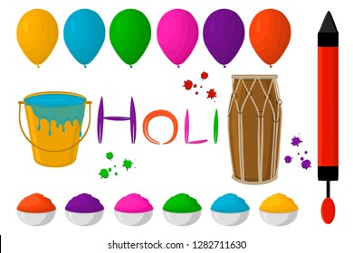 Illustration on theme big set different types colorful balloons, powder for Holi. Balloon pattern consisting of collection accessory powder to holi festival. Powder holi, balloon for celebrate holiday