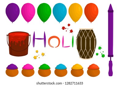 Illustration on theme big set different types colorful balloons, powder for Holi. Balloon pattern consisting of collection accessory powder to holi festival. Powder holi, balloon for celebrate holiday